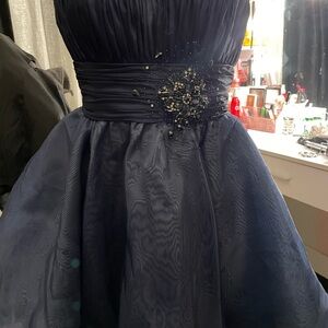 B Darlin Navy Blue Midi Dress with Embellished Waist